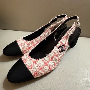 Chanel Pink Glittered Tweed Leather Slingbacks Pumps 24P Size 37.5/US Size 7.5